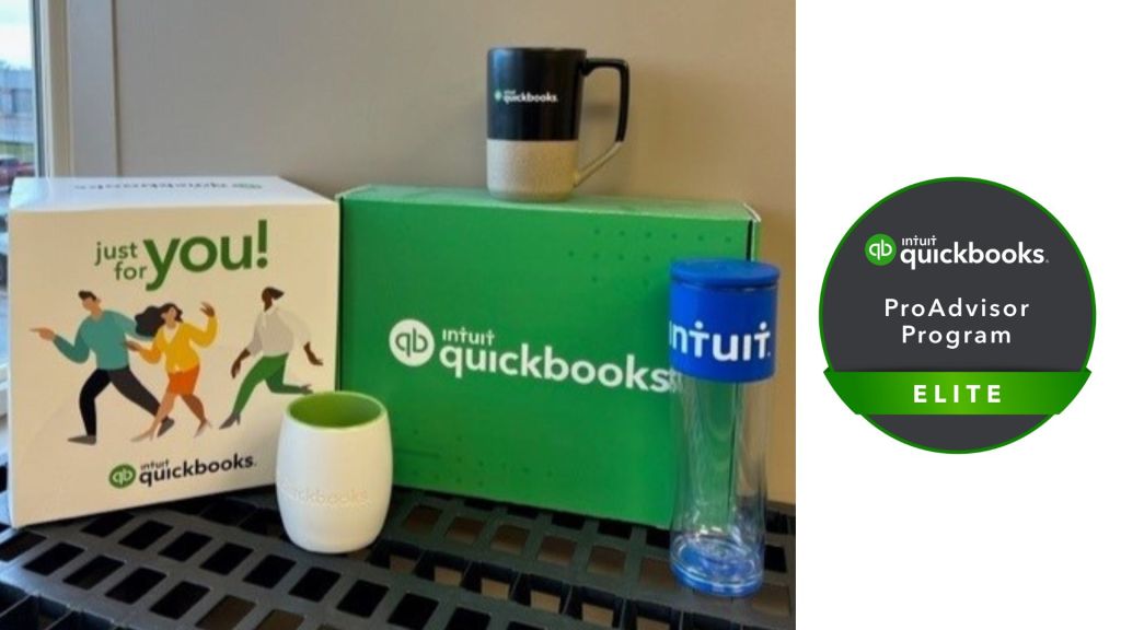 Quickbooks software and mugs on a shelf
